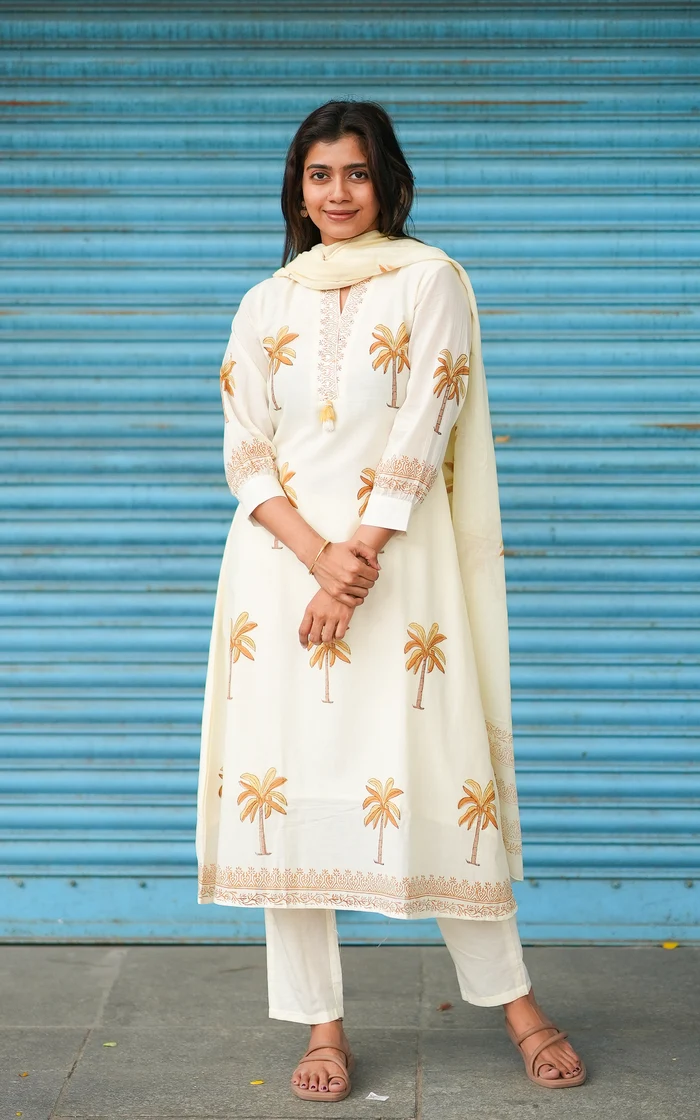 Ivory Palm Tree Printed Cotton Salwar set